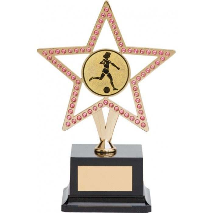  10'' GOLD METAL STAR FOOTBALL TROPHY WITH PINK GEMSTONES